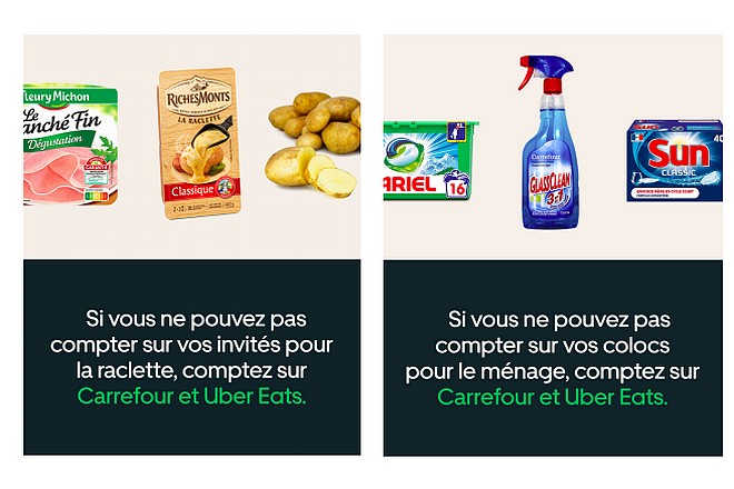 Campagne publicitaire digitale commune entre Carrefour et Uber Eats pour la livraison en 30 minutes